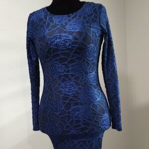 BLUE|BLACK SHEER EMBOSSED FLORAL STRETCH FABRIC BODYCON DRESS WOMEN M